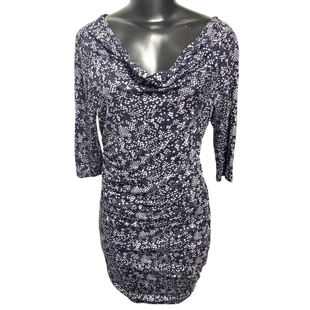 Medium Petite Loft Navy Lavender Pullover Dress Drape Neckline Stretch